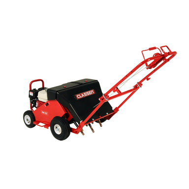 Rear view of the Classen RA-21H reciprocating aerator showing the tines and sturdy frame, ideal for professional-grade soil aeration and lawn care.