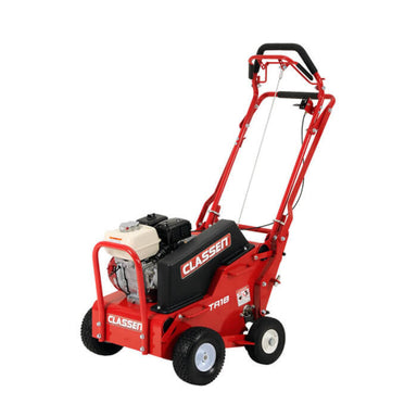 Classen TA18AH compact walk-behind lawn aerator with a Honda engine, featuring a sturdy frame, ergonomic handle, and durable tines for professional turf aeration.