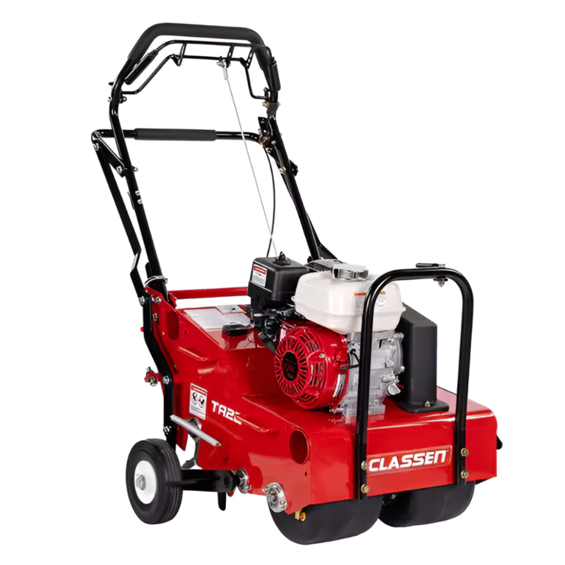 Classen TA22H Split-Drum Aerator shows a red, 21-inch steerable aerator with Honda GX120 engine on a white background. Features include split-drum design, dual handles, rugged wheels, visible engine components, and safety decals, built for professional lawn and turf aeration.