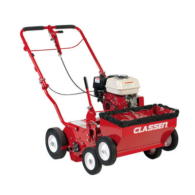 Front-side view of a red Classen_TS20H_Turf_Seeder powered by a Honda engine. The machine features dual front and rear wheels, a white fuel tank, black engine, and seed hopper with black trim, labeled “CLASSEN,” against a white background.