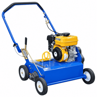 Crommelin 18" Bluebird Dethatcher shown from a front angle on a white background, featuring the EX17 engine, blue steel deck, operator handle, adjustment controls and four-wheel design.