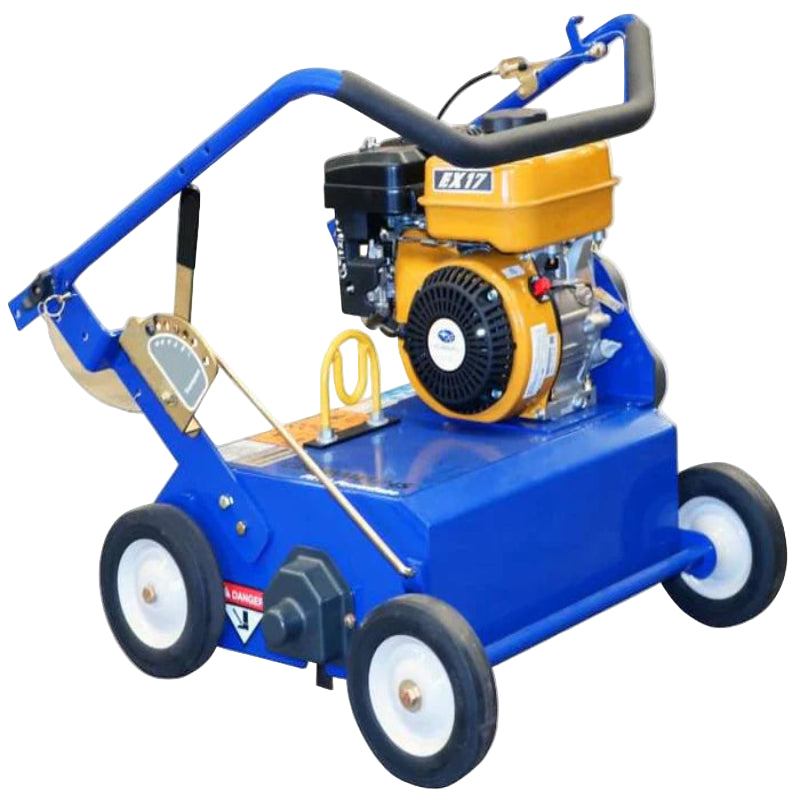 Crommelin  Bluebird 18-inch dethatcher with foldable blue steel handle, sturdy four-wheel base, and powerful yellow petrol engine, displayed on a plain white background, designed for efficient lawn dethatching, moss removal, and promoting healthy grass growth for professional landscaping.