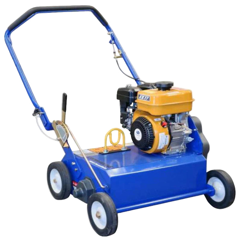 Bluebird 18-inch dethatcher with bright blue metal body, sturdy four-wheel design, and powerful yellow petrol engine, photographed on a plain white background, built for efficient lawn dethatching, removing moss, and improving grass growth in residential and commercial landscapes.