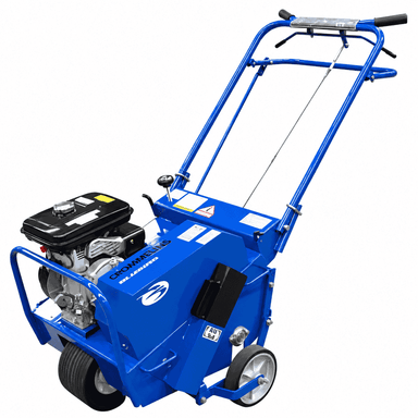 Crommelin 530HP Bluebird Lawn Aerator 19 shown from a front angled view on a white background, featuring the petrol engine, blue steel housing, operator handles, control cables, transport wheels and front protective frame.