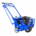 Crommelin 530HP Bluebird Lawn Aerator 19 shown from the engine side on a white background, featuring the Honda GX engine, blue steel housing, front protective frame, transport wheels, control cable and long operator handle.