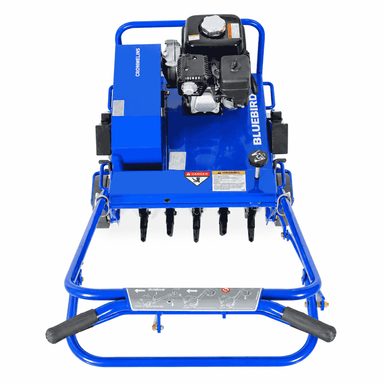 Crommelin 530HP Bluebird Lawn Aerator 19 shown from above on a white background, highlighting the coring tines, petrol engine, blue steel housing, control lever, operator handle and grip controls.