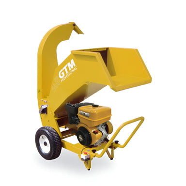 Crommelin GTM Professional GTS1300HP yellow wood chipper with large square feed chute, curved discharge chute, sturdy wheels, and powerful petrol engine, photographed from a left-front angle on a plain white background, designed for chipping branches and garden debris efficiently.