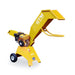 Crommelin GTM Professional GTS600HP yellow wood chipper with large angled chute, sturdy wheels, and powerful petrol engine, photographed from a right-side angle on a plain white background, designed for efficiently shredding branches and garden waste.