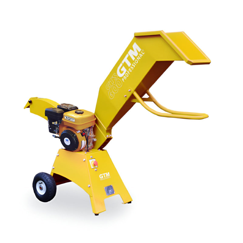 Crommelin GTM Professional GTS600HP yellow wood chipper with large angled chute, sturdy wheels, and powerful petrol engine, photographed from a right-side angle on a plain white background, designed for efficiently shredding branches and garden waste.