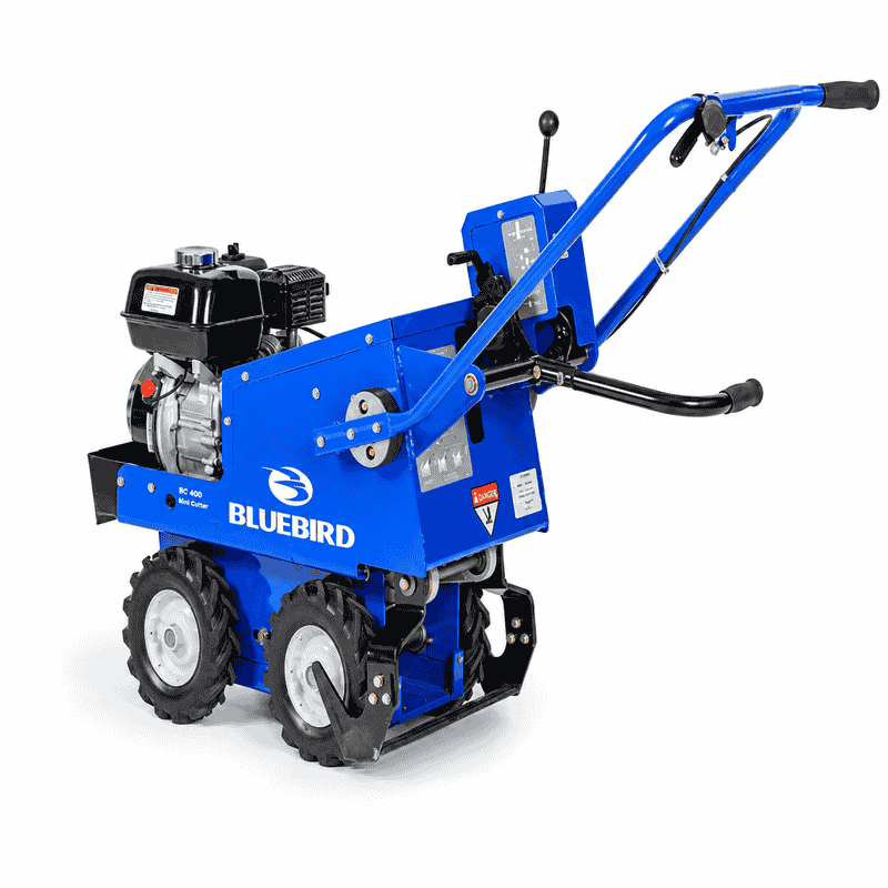 Crommelin Sod & Turf Cutter – GX200 shown from the rear angle, featuring the Bluebird chassis, operator handles, control levers, engine and heavy-duty turf wheels.