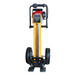 Crommelins post puller with yellow steel frame, black dual wheels, and mounted Honda engine, standing upright on a plain white background, designed for efficiently removing fence posts and star pickets in professional landscaping and agricultural work.