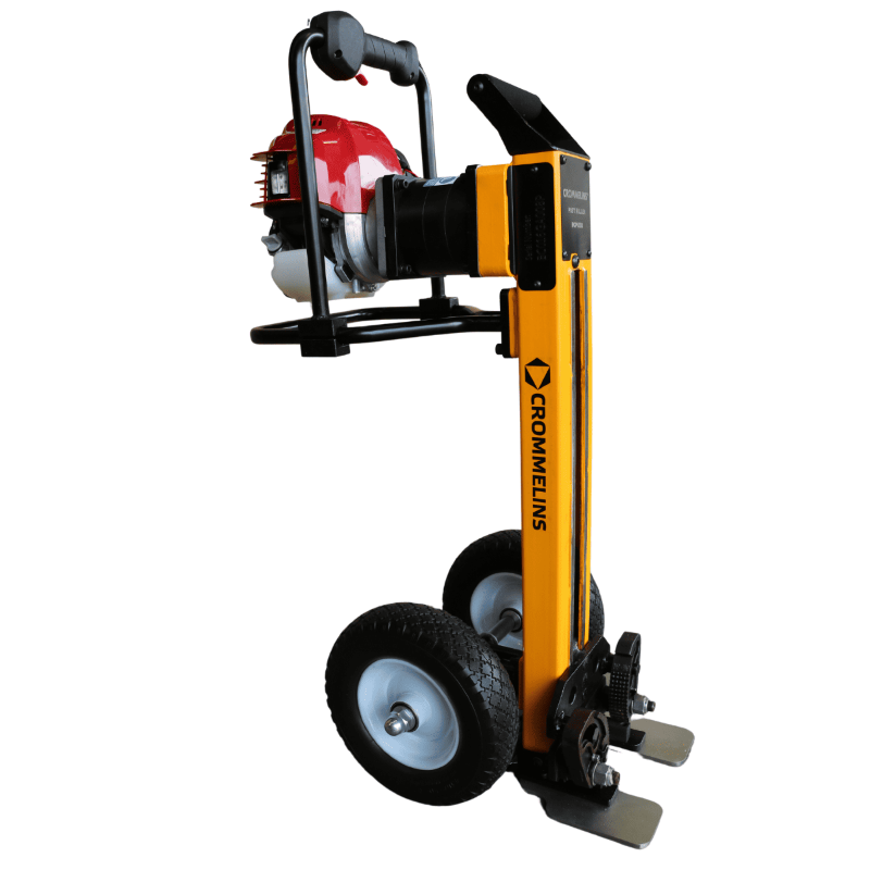 Side view of Crommelins post puller with bright yellow steel frame, dual treaded wheels, and red Honda engine, photographed on a plain white background, designed for quick and efficient removal of fence posts and star pickets.
