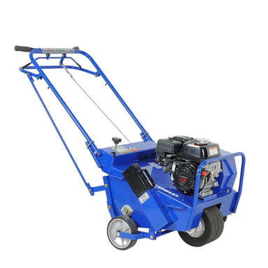 Crommelins 530HP Bluebird 19-inch lawn aerator with blue steel body, black GX Honda petrol engine, and ergonomic handle, photographed from a right-side angle on a plain white background, designed for efficient soil aeration and lawn health improvement