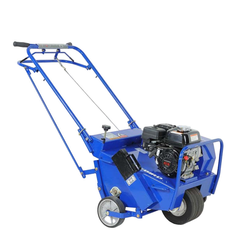 Crommelins 530HP Bluebird 19-inch lawn aerator with blue steel body, black GX Honda petrol engine, and ergonomic handle, photographed from a right-side angle on a plain white background, designed for efficient soil aeration and lawn health improvement