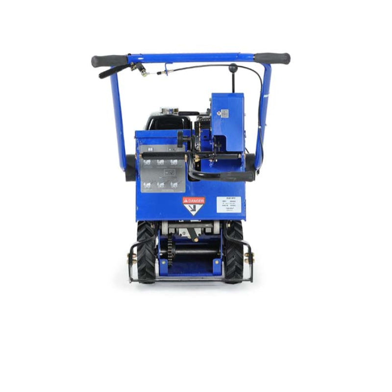 Crommelins Bluebird 18-inch sod and turf cutter with blue steel frame, black petrol engine, and heavy-duty treaded wheels, photographed from the direct rear view on a plain white background, designed for efficient turf and grass removal.