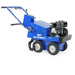 Crommelins Bluebird 18-inch sod and turf cutter with blue steel body, black petrol engine, and heavy-duty treaded wheels, photographed from a right-side angle on a plain white background, designed for fast and precise turf removal.