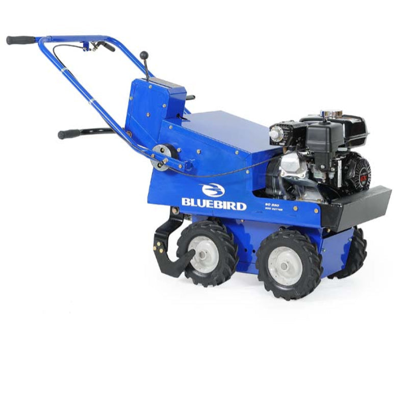 Crommelins Bluebird 18-inch sod and turf cutter with blue steel body, black petrol engine, and heavy-duty treaded wheels, photographed from a right-side angle on a plain white background, designed for fast and precise turf removal.