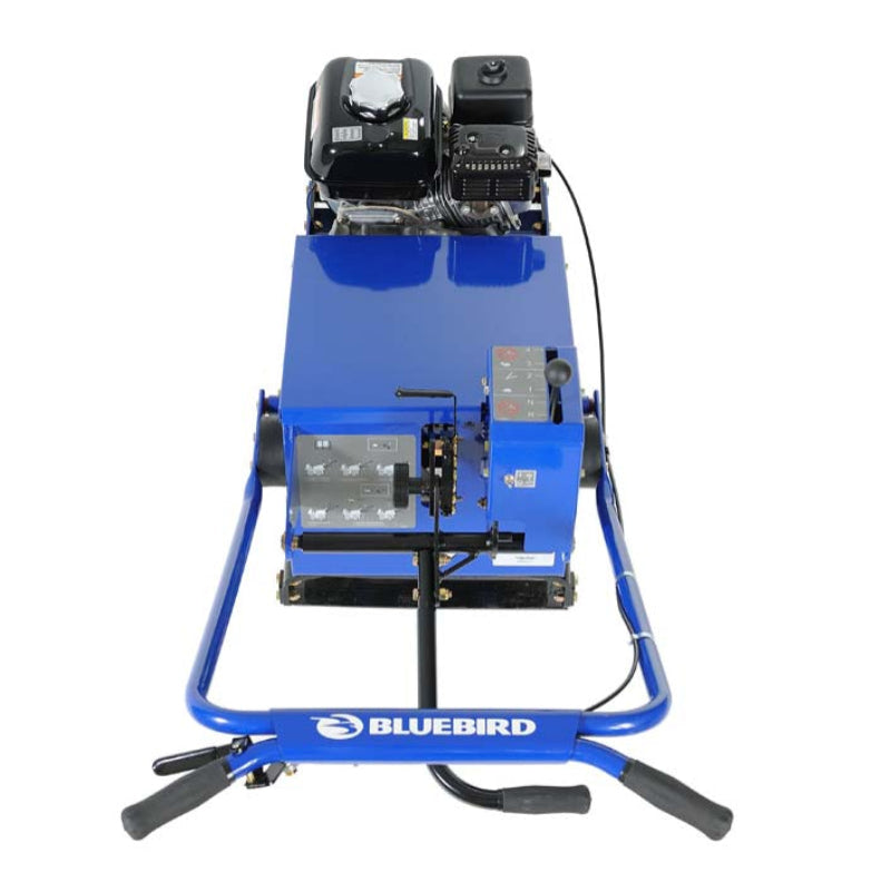 Crommelins Bluebird 18-inch sod and turf cutter with black petrol engine, blue steel frame, and ergonomic handlebar, photographed from a top-down rear view on a plain white background, designed for precise and efficient turf and grass removal.