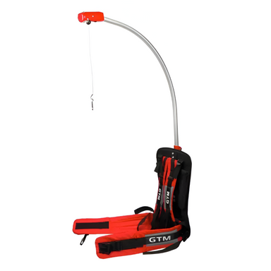 Crommelins GTM ergonomic harness with red and black padded straps, adjustable waist belt, and curved overhead support arm with hanging hook, photographed from a side view on a plain white background, designed for carrying and balancing power tools