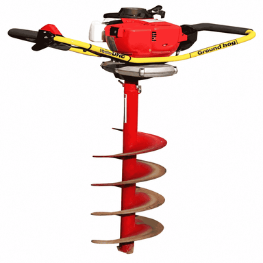 Crommelins Groundhog Post Hole Digger – Compact Honda, Single User shown in full view on a white background, featuring the Honda engine, yellow control handles, red drive shaft and large spiral earth auger.