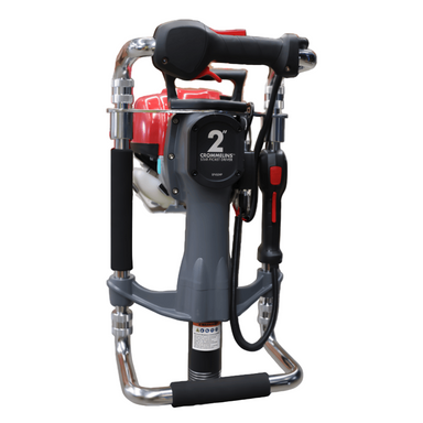 Crommelins 2-inch star picket driver with multifunction handle kit, featuring ergonomic padded grips, chrome steel frame, red Honda engine, and control switches, photographed from the front view on a plain white background, designed for efficient post driving with added stability.