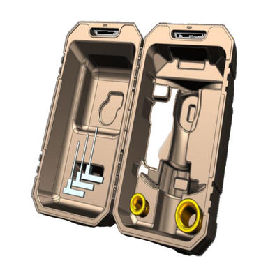 Open star picket driver storage case with molded compartments, showing designated slots for driver unit, accessories, and tools, including three hex keys and round inserts, photographed from a top-down view on a plain white background.