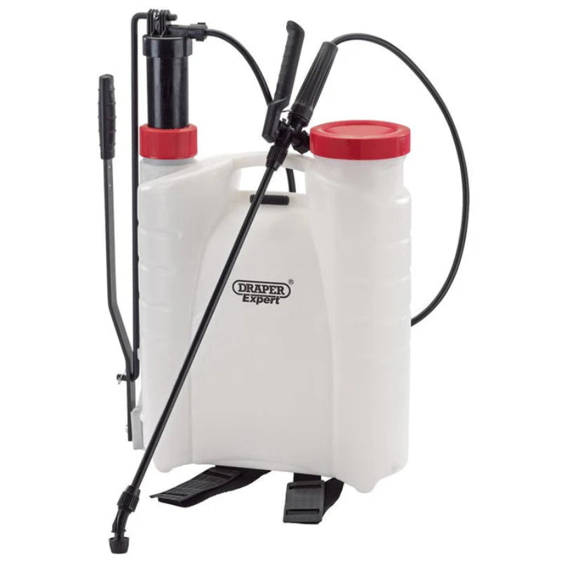 Draper EPDM knapsack pressure sprayer with backpack tank, manual pump handle, hose and spray lance, used for applying garden chemicals, weed control, and lawn treatments evenly over large areas