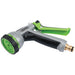 A Draper Tools 8 Pattern Spray Gun with a metallic silver body, black grip, and green accents. It features a rotating nozzle head for multiple spray patterns like flat and vertical, an ergonomic green trigger, and a gold-toned brass hose connector