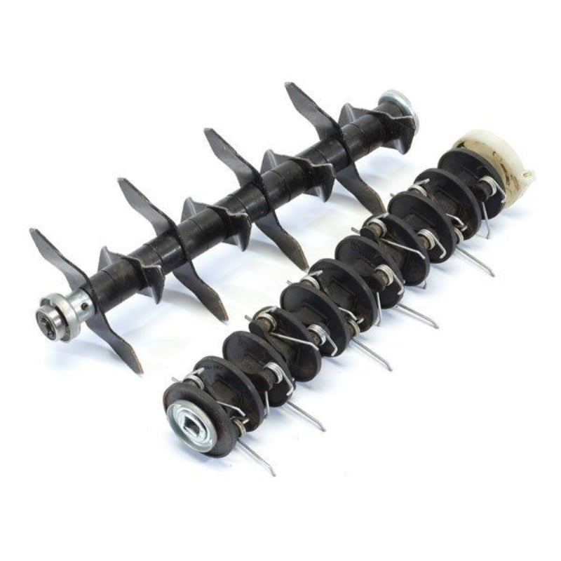 Two attachment drums for the Draper Tools 2 in 1 Lawn Aerator/Scarifier shown on a white background, featuring metal blades and spring tines arranged along black cylindrical shafts, highlighting the machine’s interchangeable aerating and scarifying components.