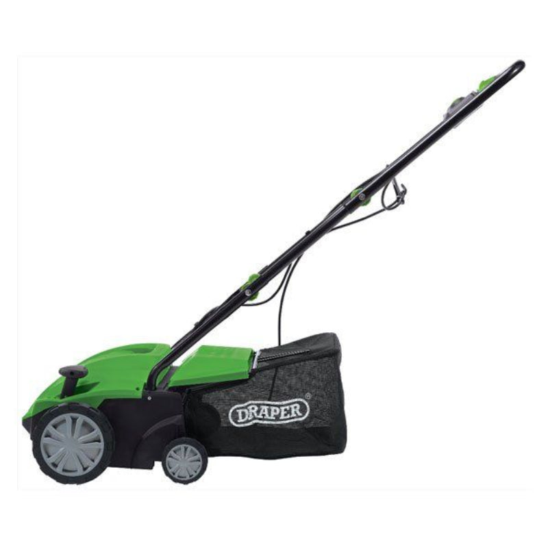 Side profile of the Draper Tools 2 in 1 Lawn Aerator/Scarifier showing its green body, grey wheels, black mesh grass bag with Draper logo, and extended black handle. Displayed on a clean white background, highlighting its slim, lightweight lawn-care design.