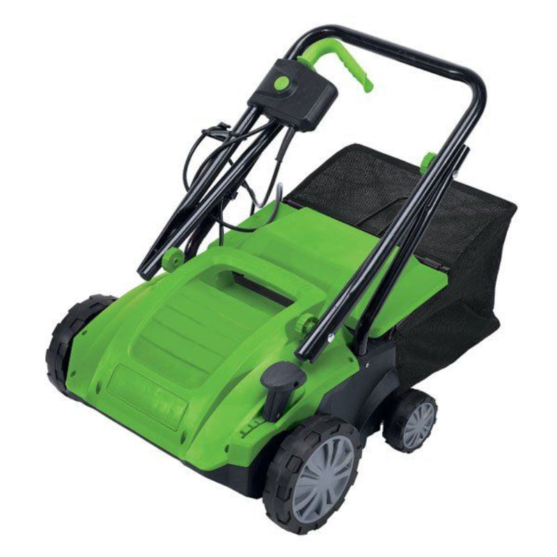 The Draper Tools 2 in 1 Lawn Aerator/Scarifier is shown in bright green housing with large grey wheels, black handle frame, and rear mesh catcher, positioned on a clean white background, highlighting its compact electric design and front-angled profile.