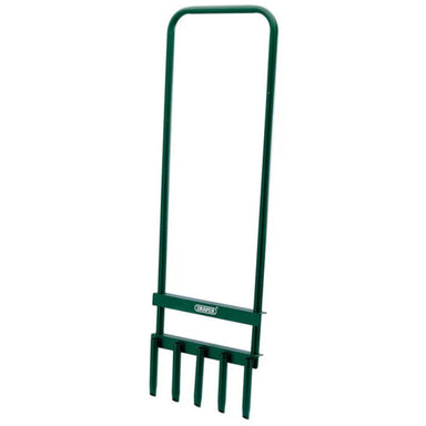 Draper Tools manual lawn aerator with steel frame and five hollow tines for deep soil aeration. Designed to reduce lawn compaction and improve grass health by allowing air, water, and nutrients to reach the roots.