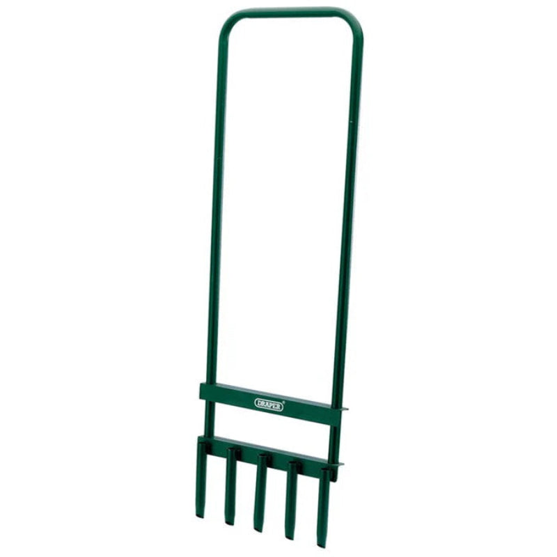 Draper Tools manual lawn aerator with steel frame and five hollow tines for deep soil aeration. Designed to reduce lawn compaction and improve grass health by allowing air, water, and nutrients to reach the roots.