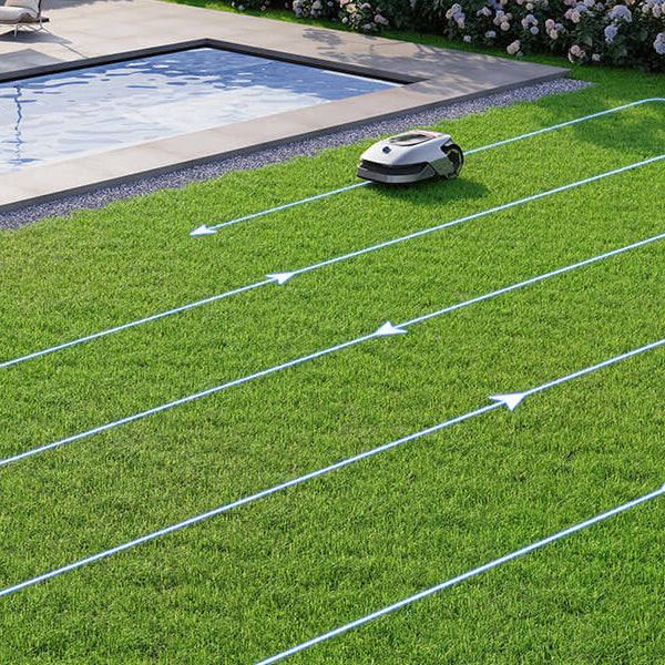 Dreame Robotic Lawn Mower A1 with OmniSense 3D Ultra System in use arrows showing mow path