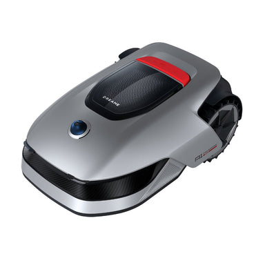 A sleek, silver Dreame Robotic Lawn Mower A1 Pro featuring a minimalist, race-car-inspired design. The top houses a prominent black 3D LiDAR sensor and a red emergency stop button. The mower is shown from a high-angle perspective against a plain white background, highlighting its rugged off-road rear wheels.