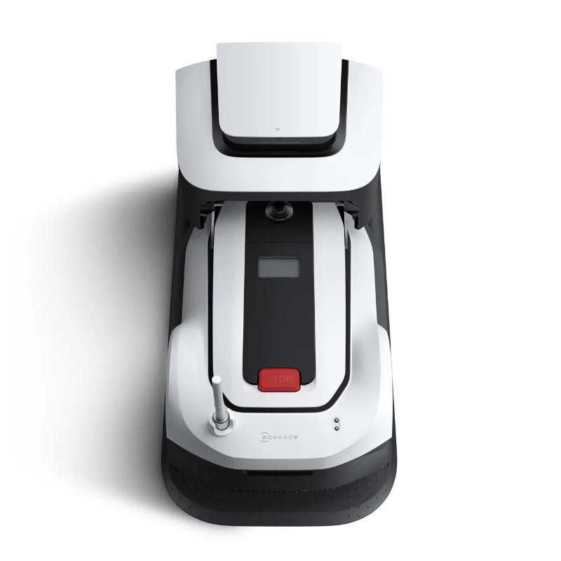 Top view of the ECOVACS GOAT G1 Robotic Lawn Mower docked in its charging station. Wire-free robotic mower automatically recharges after mowing, ensuring continuous, hands-free lawn maintenance and reliable performance for residential gardens.