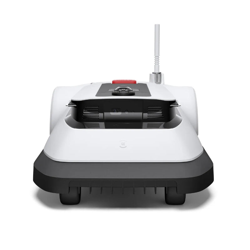 Front view of the ECOVACS GOAT G1 Robotic Lawn Mower on a white background. Wire-free robotic mower with integrated front camera, panoramic sensor, and antenna for automated lawn mowing, accurate navigation, and obstacle detection in residential gardens.
