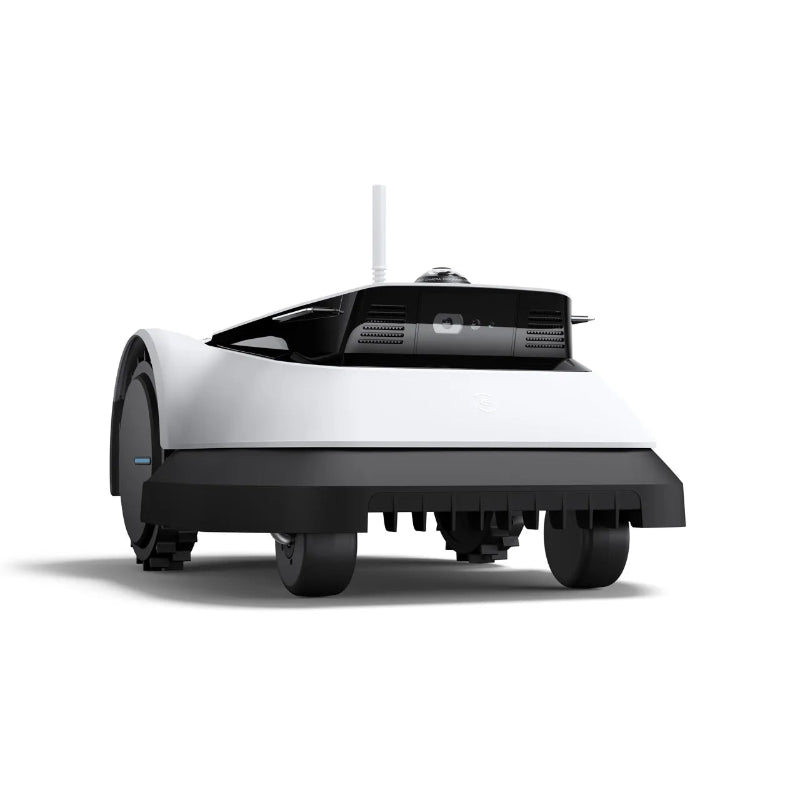 Front view of the ECOVACS GOAT G1 Robotic Lawn Mower on a white background. Wire-free robotic mower with integrated front camera and sensors for automated lawn mowing, precise navigation, and reliable obstacle avoidance in residential gardens.