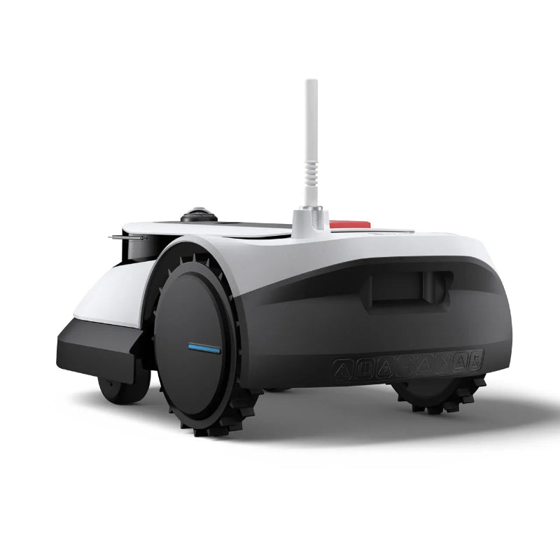 Rear angled view of the ECOVACS GOAT G1 Robotic Lawn Mower on a white background. Wire-free robotic mower with integrated antenna and rugged drive wheels for automated lawn mowing, precise navigation, and reliable performance on residential lawns.