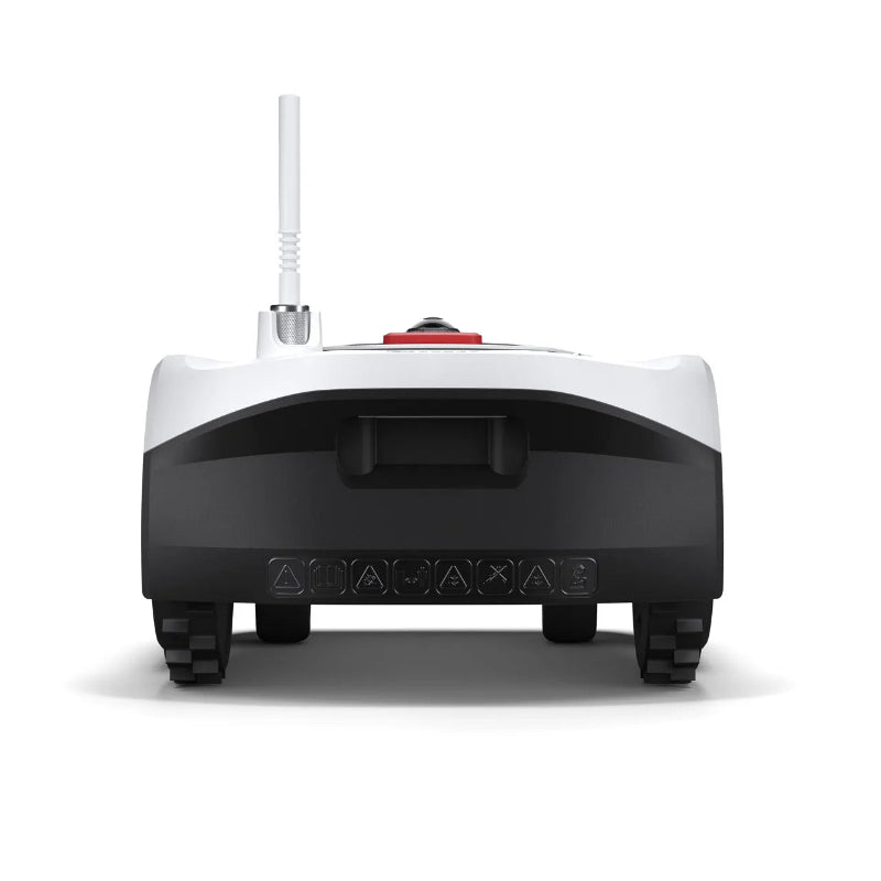 Rear view of the ECOVACS GOAT G1 Robotic Lawn Mower on a white background. Wire-free robotic mower with rear antenna and rugged drive wheels, designed for automated lawn mowing and reliable navigation across residential gardens.