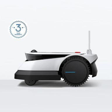 Side view of the ECOVACS GOAT G1 Robotic Lawn Mower on a white background with a 3-year warranty icon. Wire-free robotic mower designed for automated lawn mowing, delivering consistent cutting and easy maintenance for residential gardens.