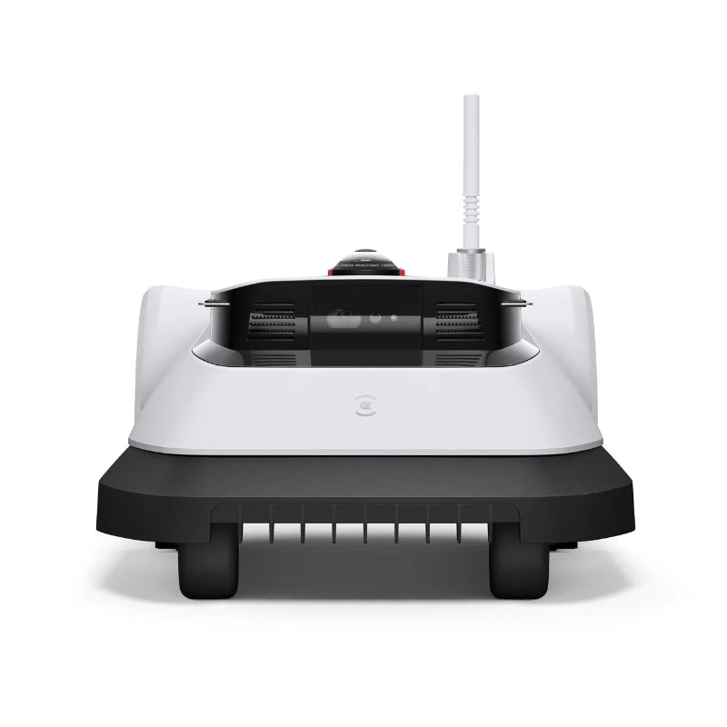 Front sensor view of the ECOVACS GOAT G1 Robotic Lawn Mower on a white background. Wire-free robotic mower with integrated camera, panoramic sensor, and antenna for automated lawn mowing, accurate navigation, and obstacle avoidance in residential gardens.