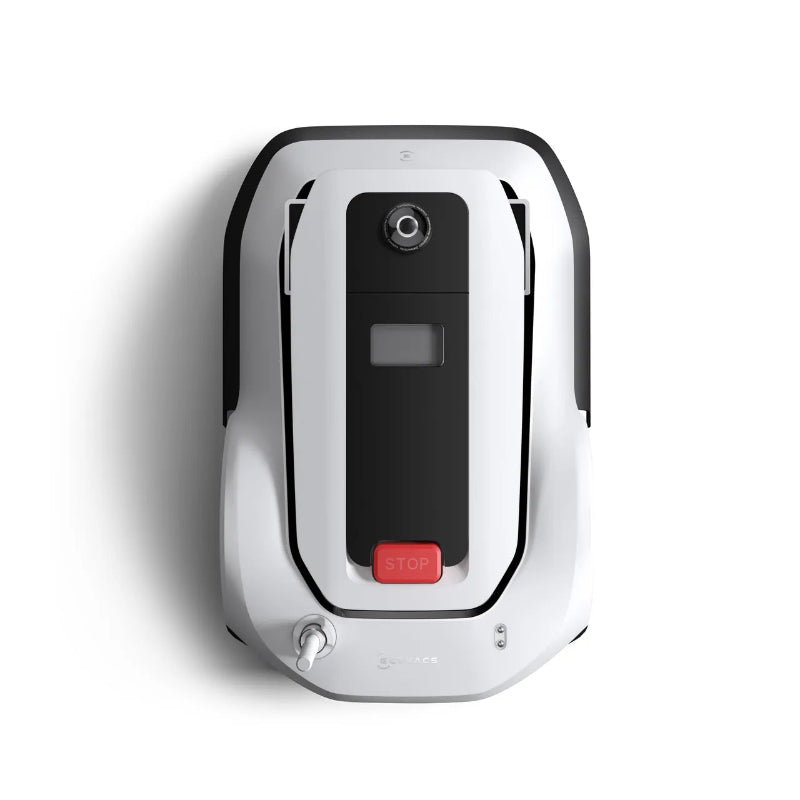 Top view of the ECOVACS GOAT G1 Robotic Lawn Mower on a white background. Wire-free robotic mower with integrated camera and control panel for automated lawn mowing, precise navigation, and efficient maintenance of residential gardens.