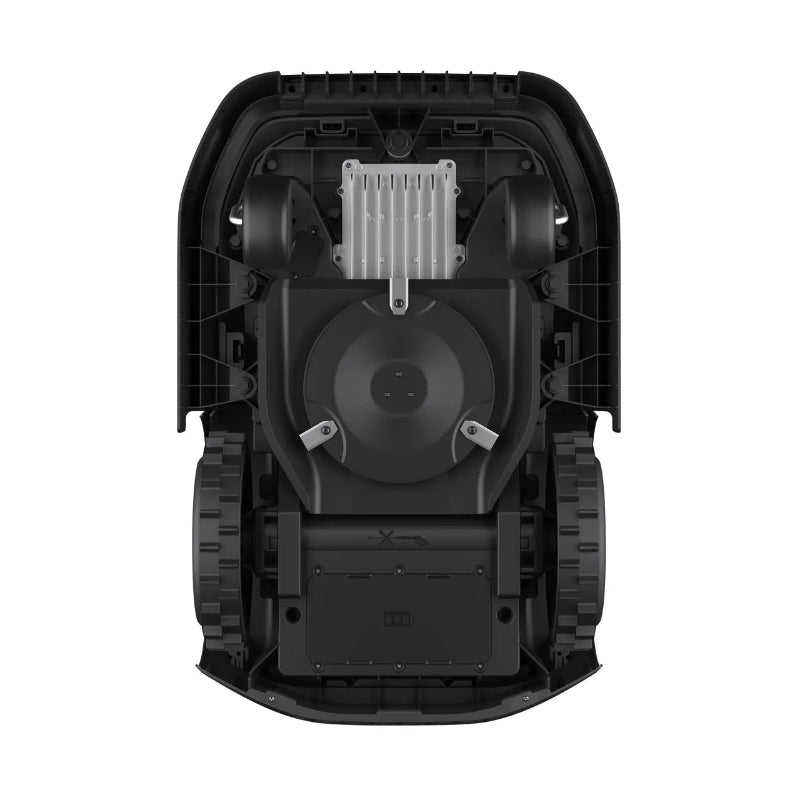 Underside view of the ECOVACS GOAT G1 Robotic Lawn Mower showing the cutting disc, pivoting blades, drive wheels, and chassis. Wire-free robotic mower designed for precise automated lawn mowing and consistent cutting performance on residential lawns.