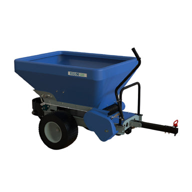 The EcoLawn Applicator Eco 50 compact tow-behind topdresser with a sturdy blue hopper and heavy-duty wheels. Built for professional turf care, it evenly spreads compost, sand, or soil, providing efficient lawn renovation for golf courses, sports fields, and landscapes.
