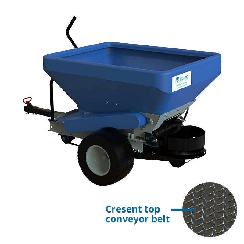 EcoLawn Applicator Eco 50 tow-behind spreader with crescent top conveyor belt system, blue hopper, and durable wheels, engineered for efficient compost, sand, and soil topdressing on sports fields, golf courses, and landscapes, ensuring professional turf care and even material distribution.