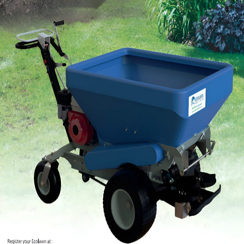 Angled outdoor view of the Eco 250 Top Dressing Spreader featuring its large blue hopper, red Honda engine, and durable pneumatic tires. Positioned on green grass, this machine is built for professional turf management, ensuring efficient and uniform topdressing applications.