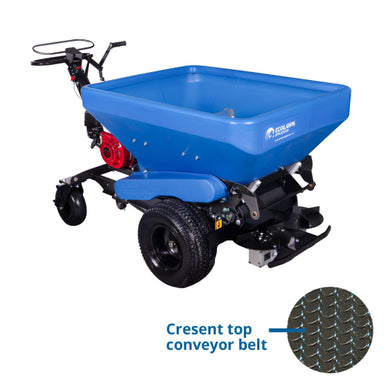 Front angle view of the Eco 250 Top Dressing Spreader with large blue hopper, sturdy black wheels, and crescent top conveyor belt. Designed for spreading compost, sand, or topdressing materials, this walk-behind machine ensures even distribution for lawn and turf maintenance.