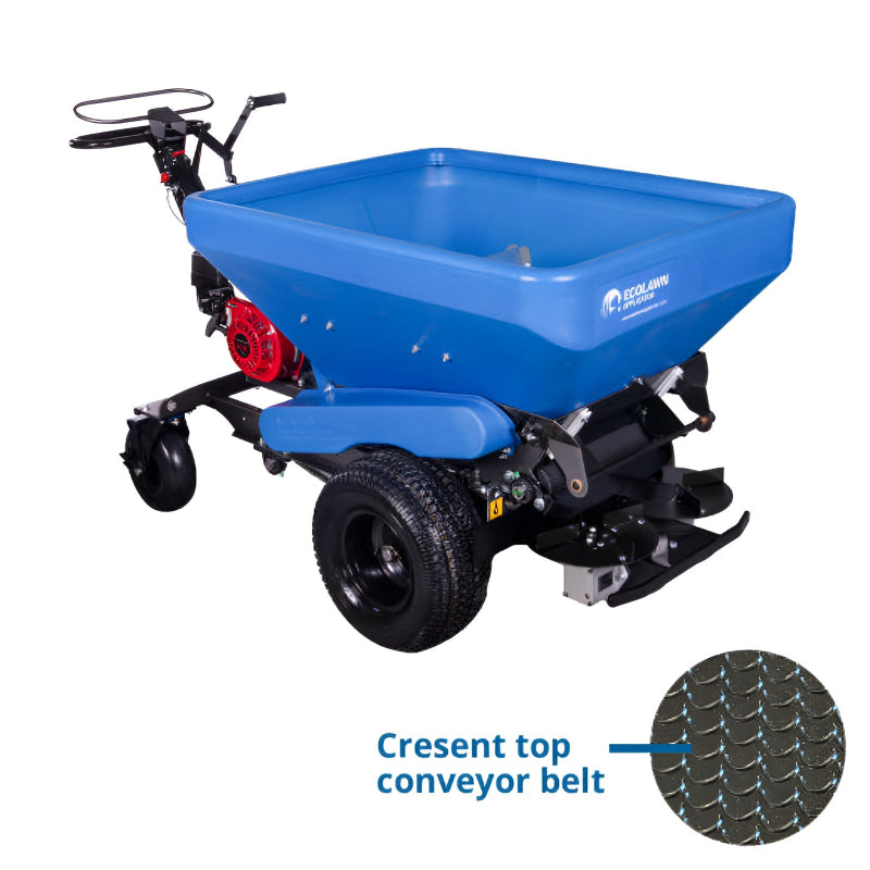 Front angle view of the Eco 250 Top Dressing Spreader with large blue hopper, sturdy black wheels, and crescent top conveyor belt. Designed for spreading compost, sand, or topdressing materials, this walk-behind machine ensures even distribution for lawn and turf maintenance.