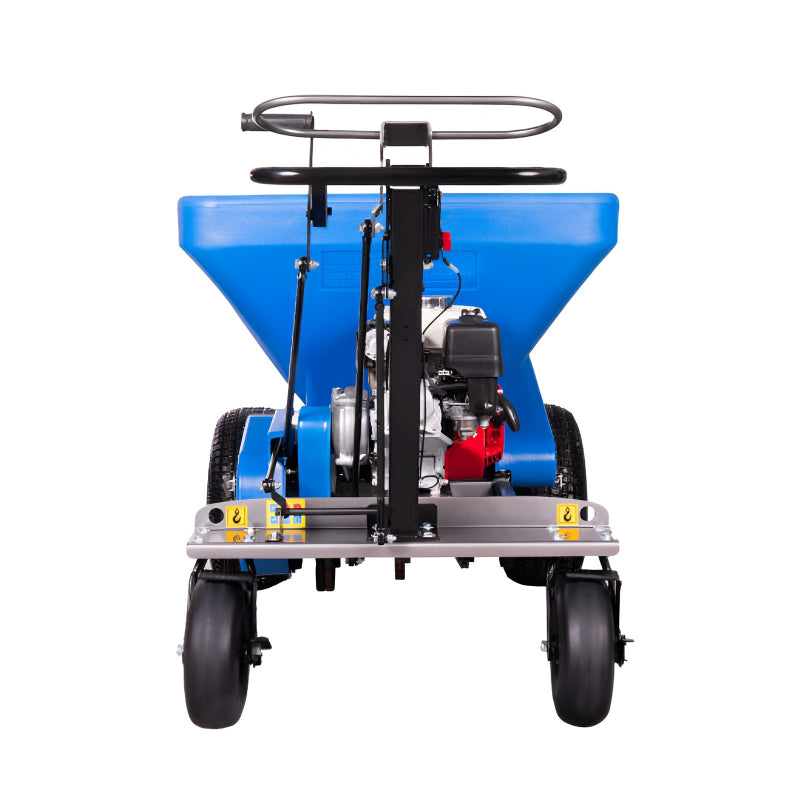 Rear view of the Eco 250 Top Dressing Spreader highlighting its wide blue hopper, sturdy dual pneumatic tires, and visible Honda engine. Built for professional turf maintenance, it ensures efficient, even distribution of compost, sand, and topdressing materials on lawns and sports fields.